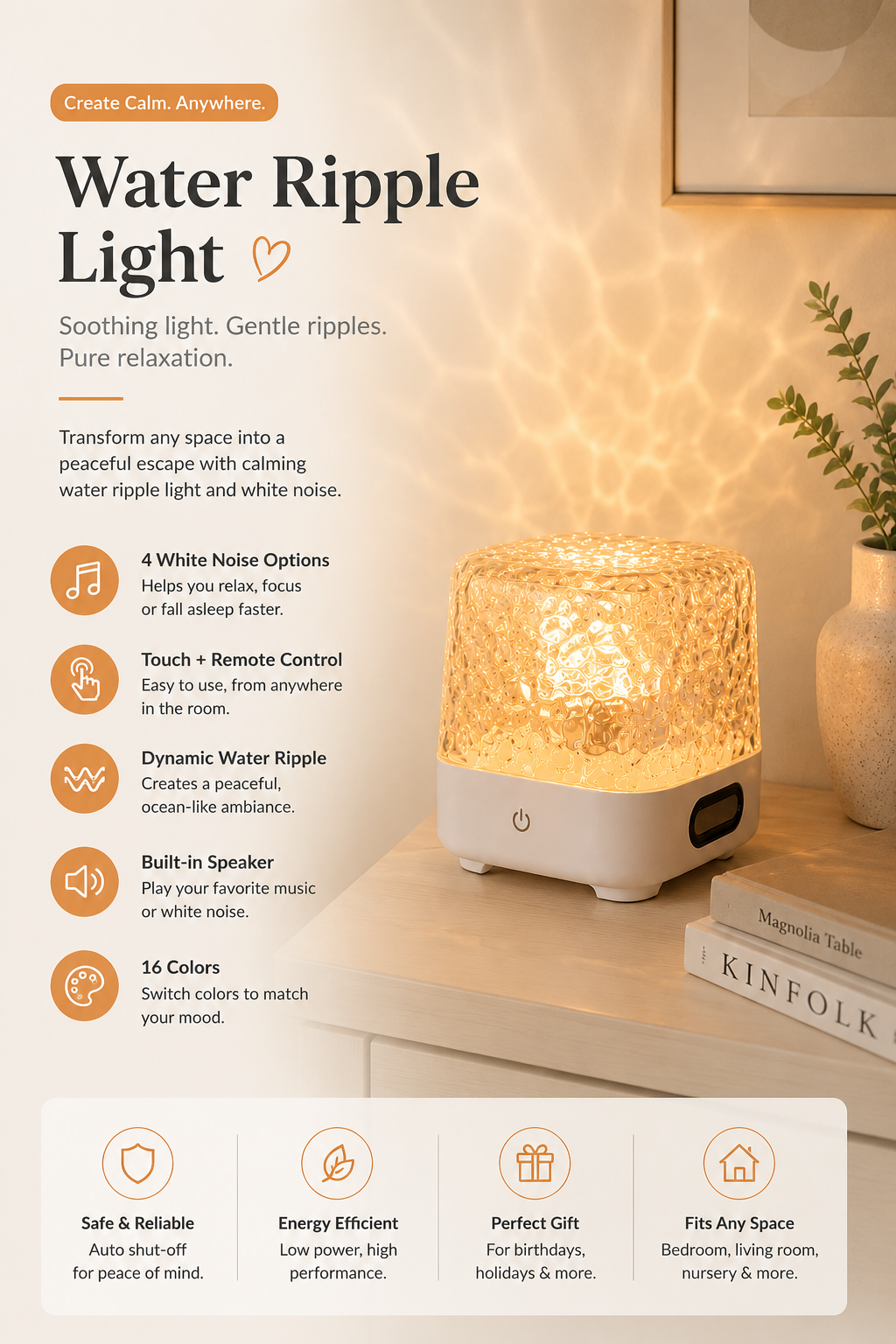 White Noise Water Ripple Projection Northern Lights Living Room Bedroom Bedside Night Light